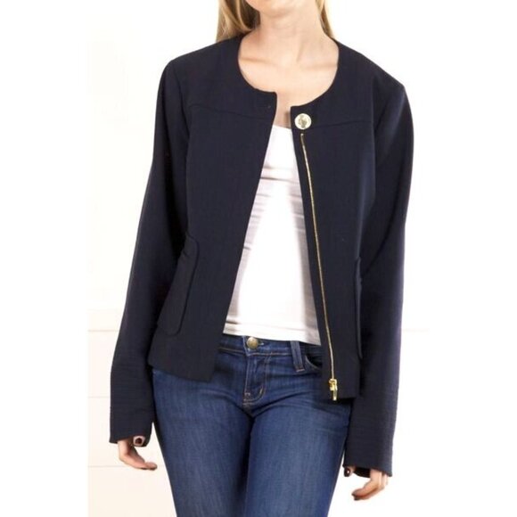 Tory Burch Womens Navy Blue Blazer Wool Blend Harriet Jacket Zip-Front Size 0 - Picture 2 of 9